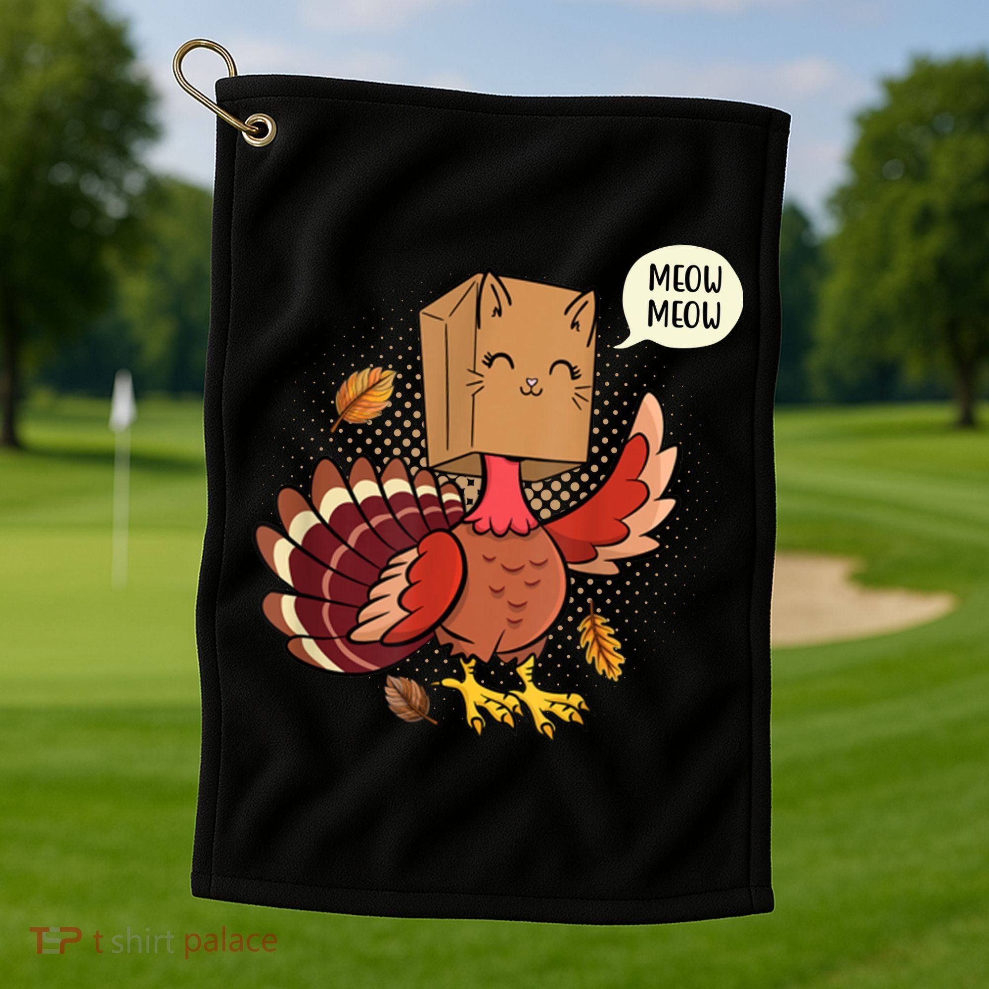 Meow Cat Funny Turkey Thanksgiving Holiday Golf Towel