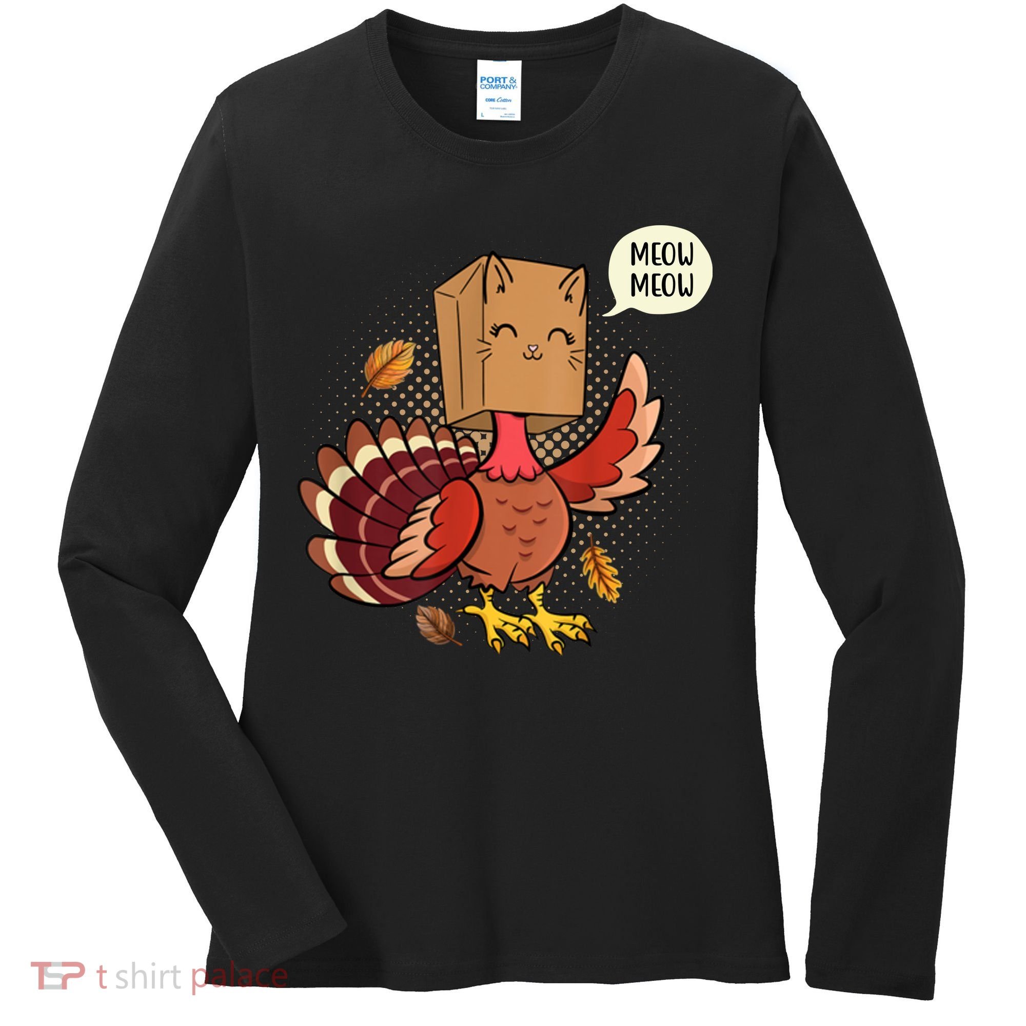 Meow Cat Funny Turkey Thanksgiving Holiday Women's Long Sleeve Shirt
