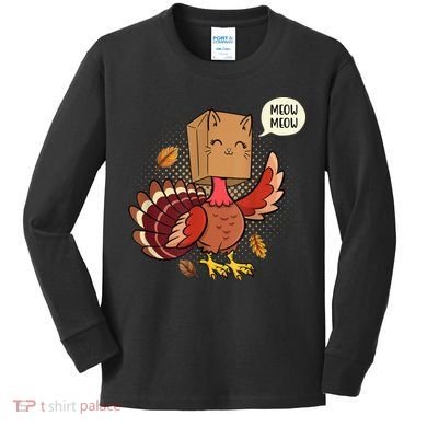 Meow Cat Funny Turkey Thanksgiving Holiday Kids Long Sleeve Shirt
