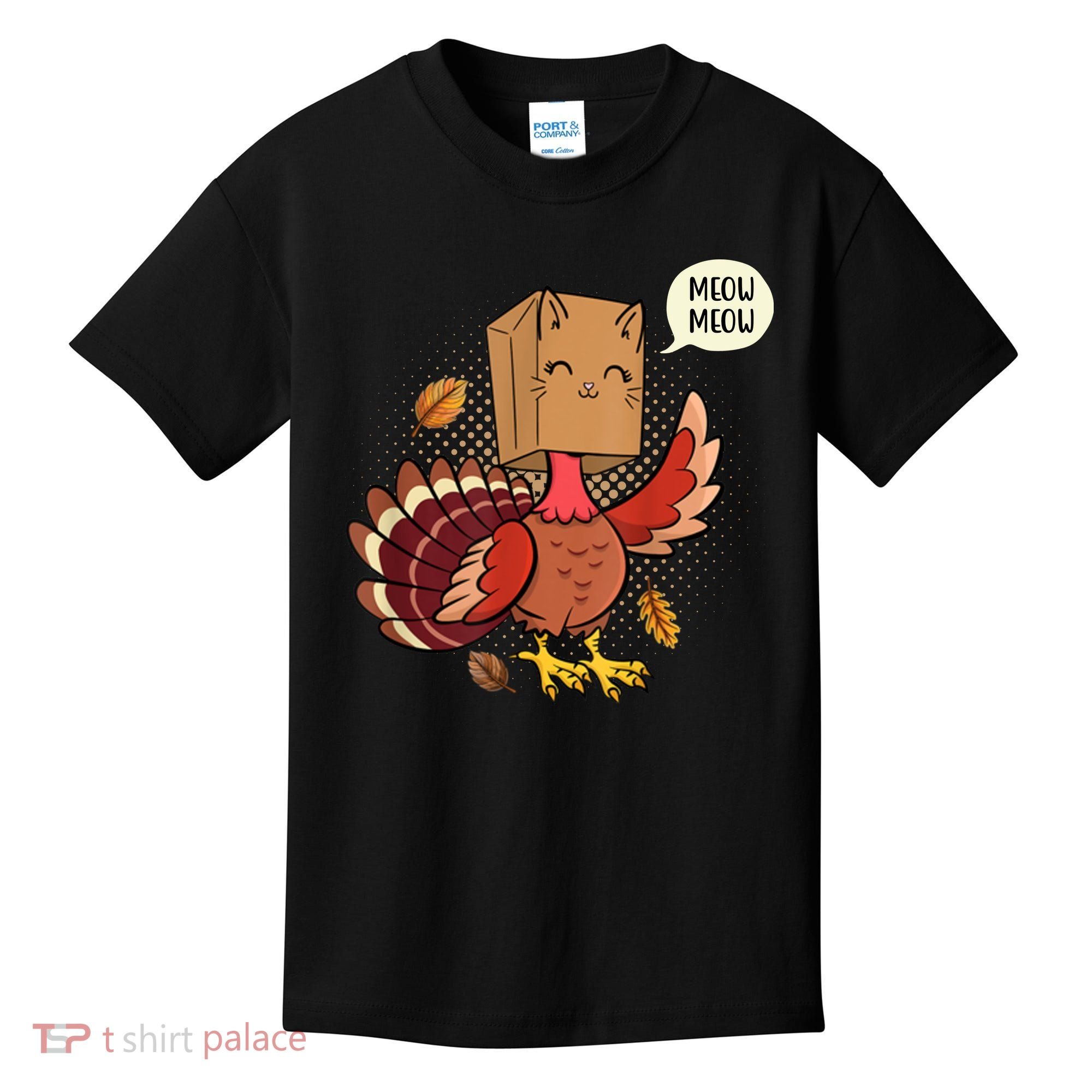 Meow Cat Funny Turkey Thanksgiving Holiday Kids T-Shirt