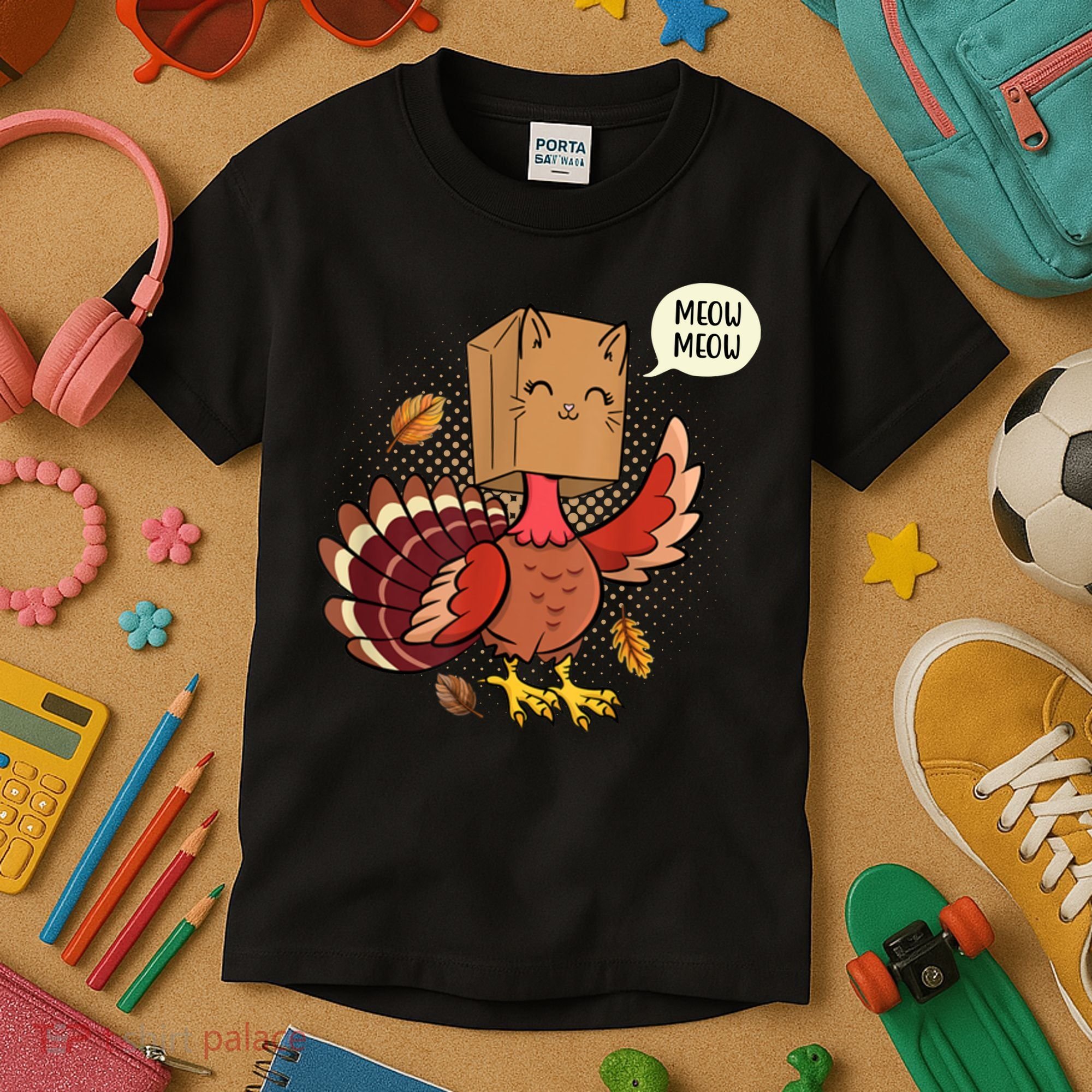 Meow Cat Funny Turkey Thanksgiving Holiday Kids T-Shirt