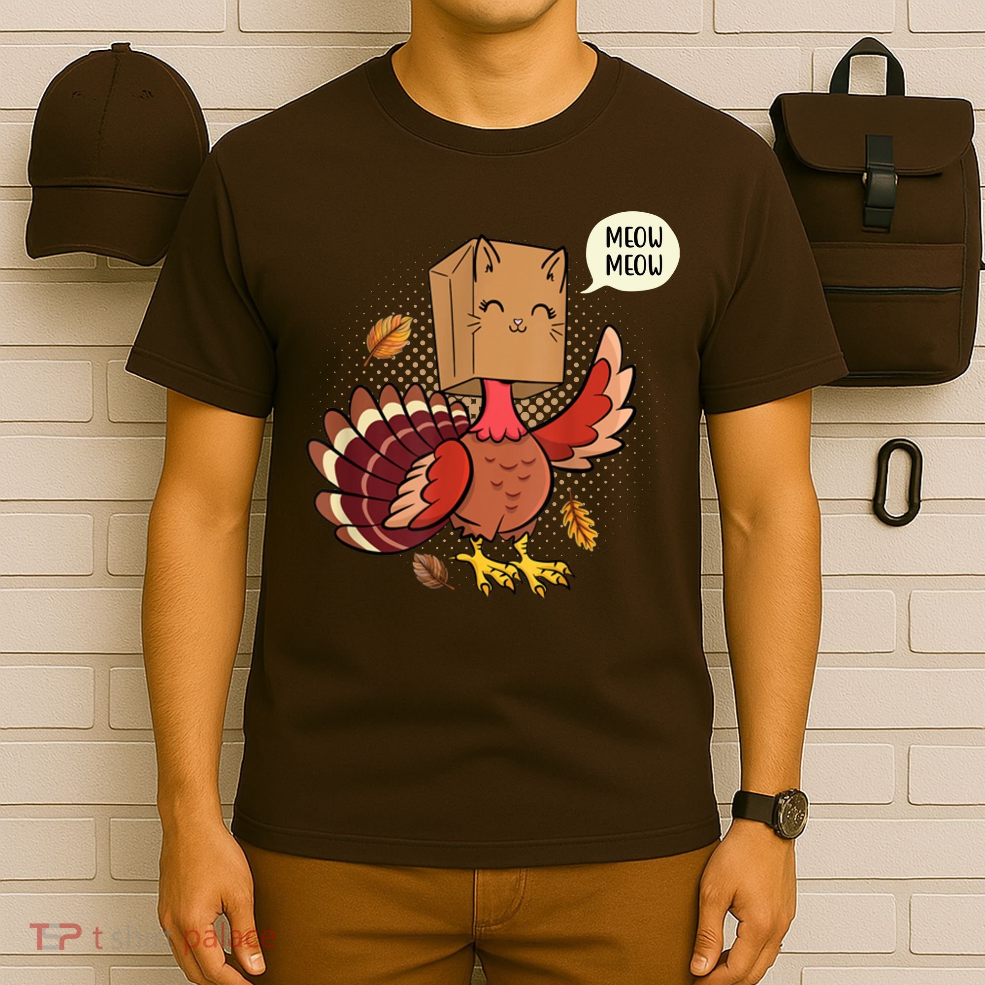 Meow Cat Funny Turkey Thanksgiving Holiday T-Shirt