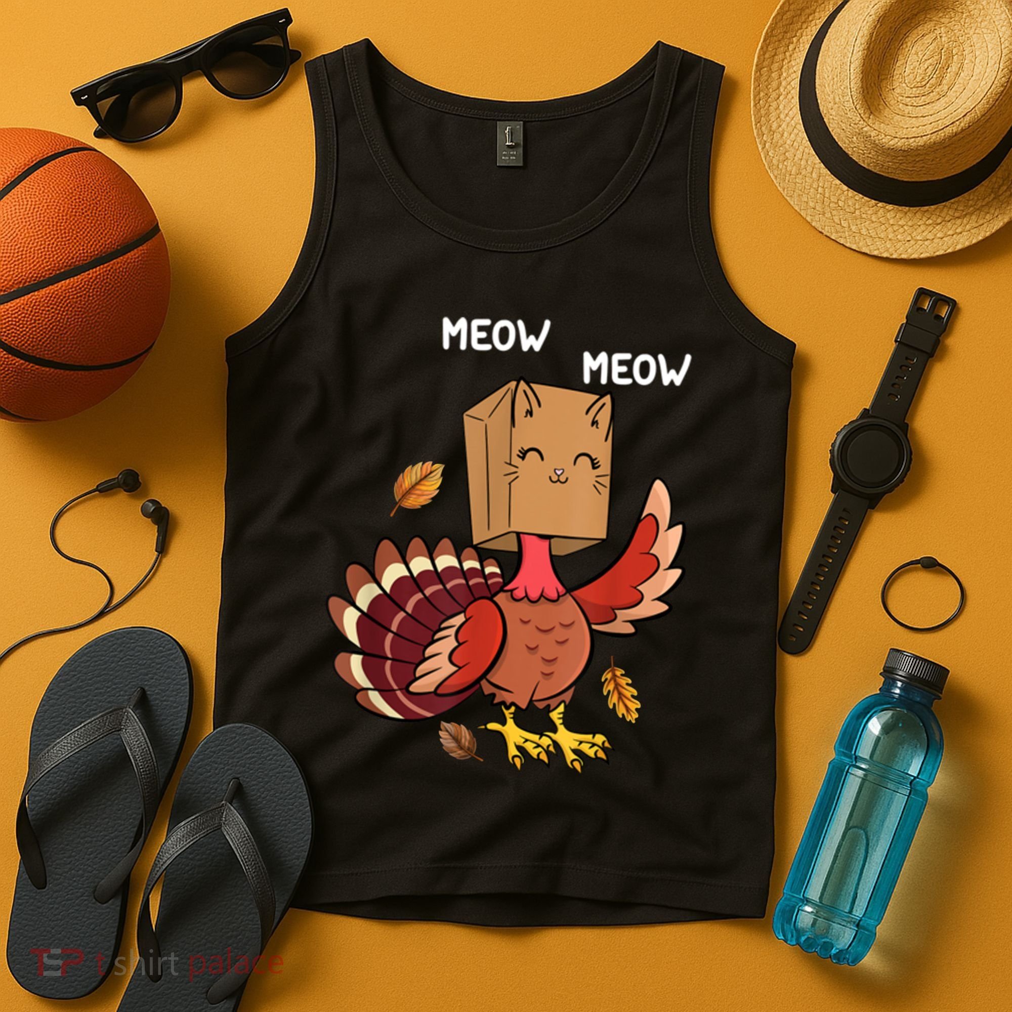 Meow Cat Funny Thanksgiving Turkey Tank Top