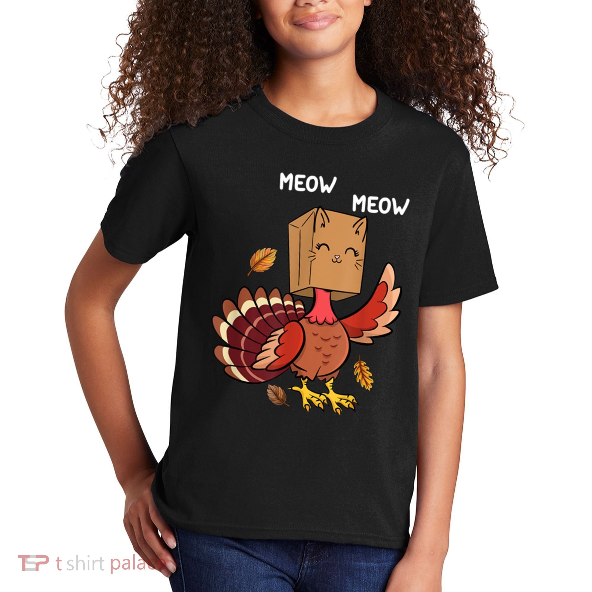 Meow Cat Funny Thanksgiving Turkey Kids T-Shirt