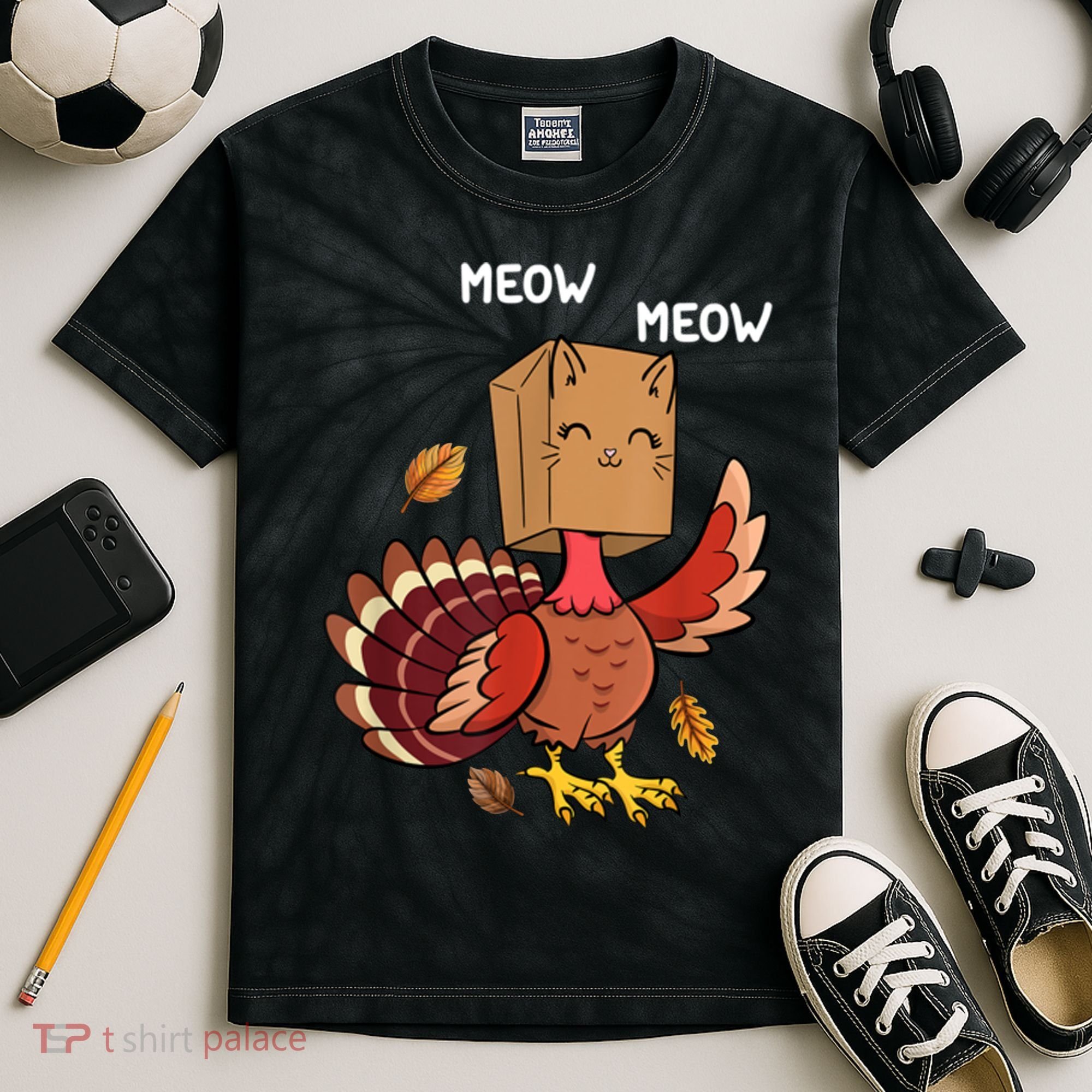 Meow Cat Funny Thanksgiving Turkey Kids Tie-Dye T-Shirt