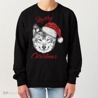 Merry Christmas Funny Wolf Face With Santa Hat Retro Xmas Gift Women's Sweatshirt thumb 0
