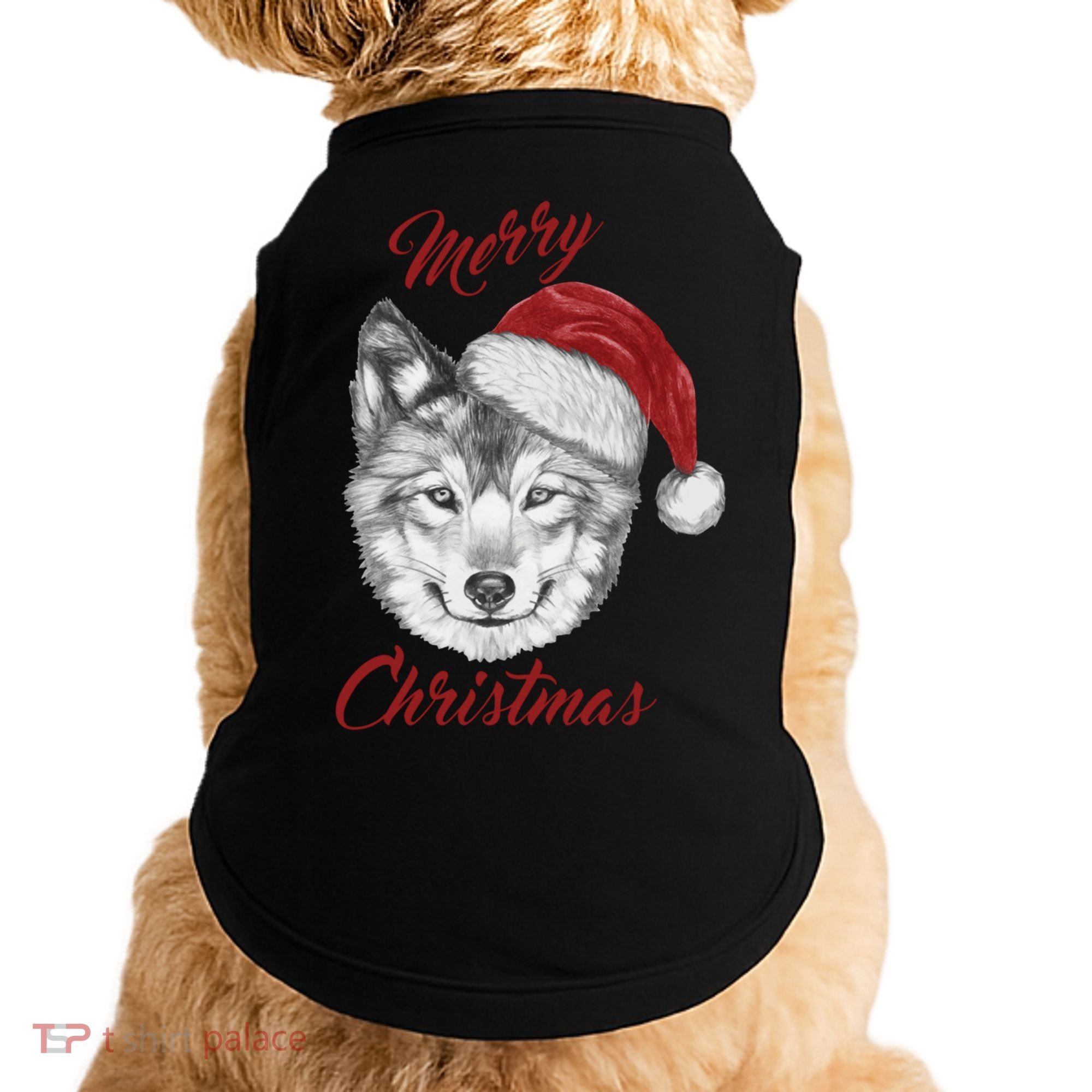 Merry Christmas Funny Wolf Face With Santa Hat Retro Xmas Gift Doggie Tank