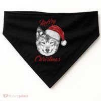 Merry Christmas Funny Wolf Face With Santa Hat Retro Xmas Gift USA-Made Doggie Bandana thumb 0