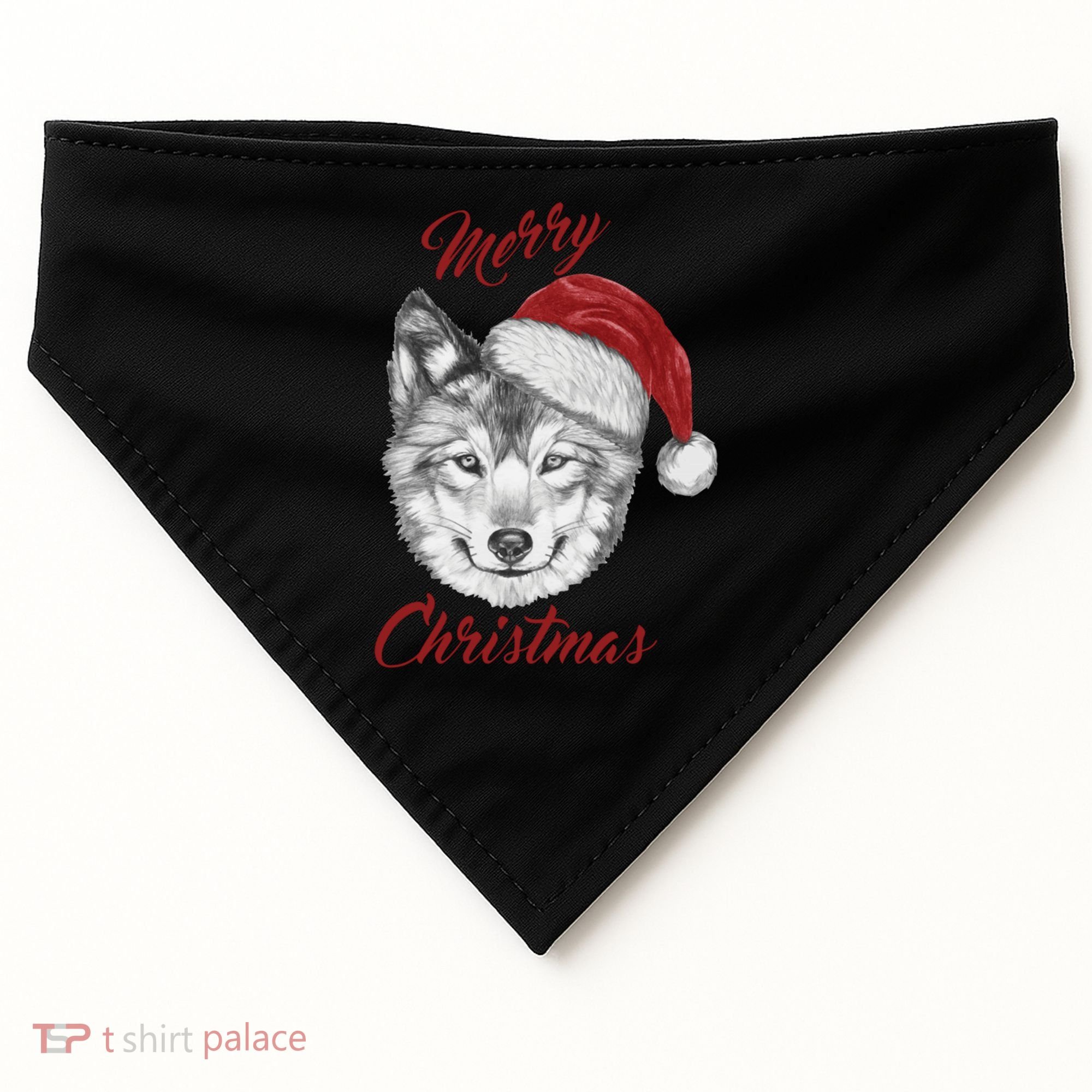 Merry Christmas Funny Wolf Face With Santa Hat Retro Xmas Gift USA-Made Doggie Bandana