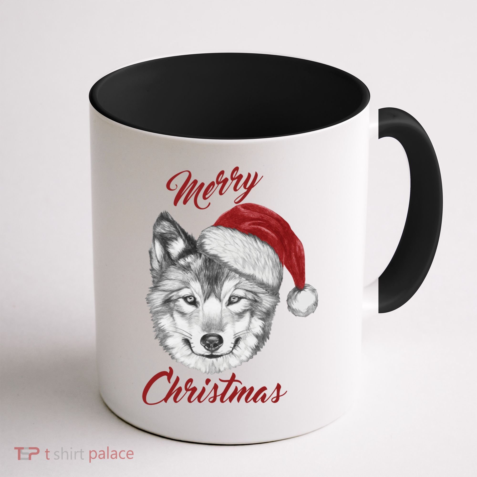 Merry Christmas Funny Wolf Face With Santa Hat Retro Xmas Gift Coffee Mug