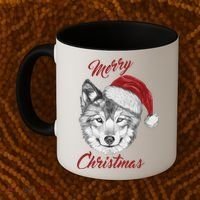Merry Christmas Funny Wolf Face With Santa Hat Retro Xmas Gift Coffee Mug thumb 2