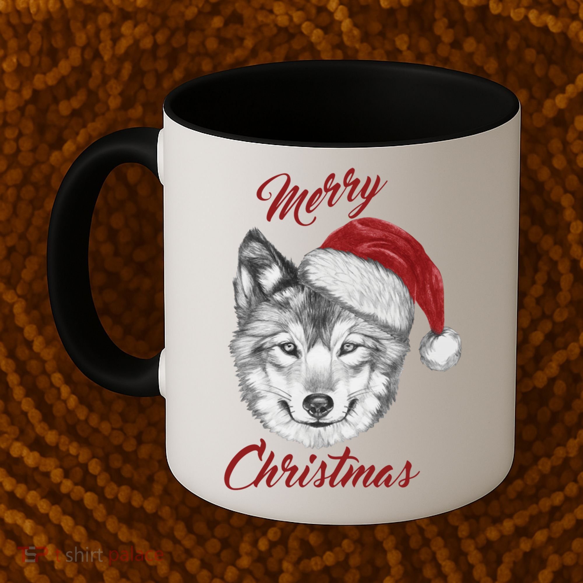 Merry Christmas Funny Wolf Face With Santa Hat Retro Xmas Gift Coffee Mug