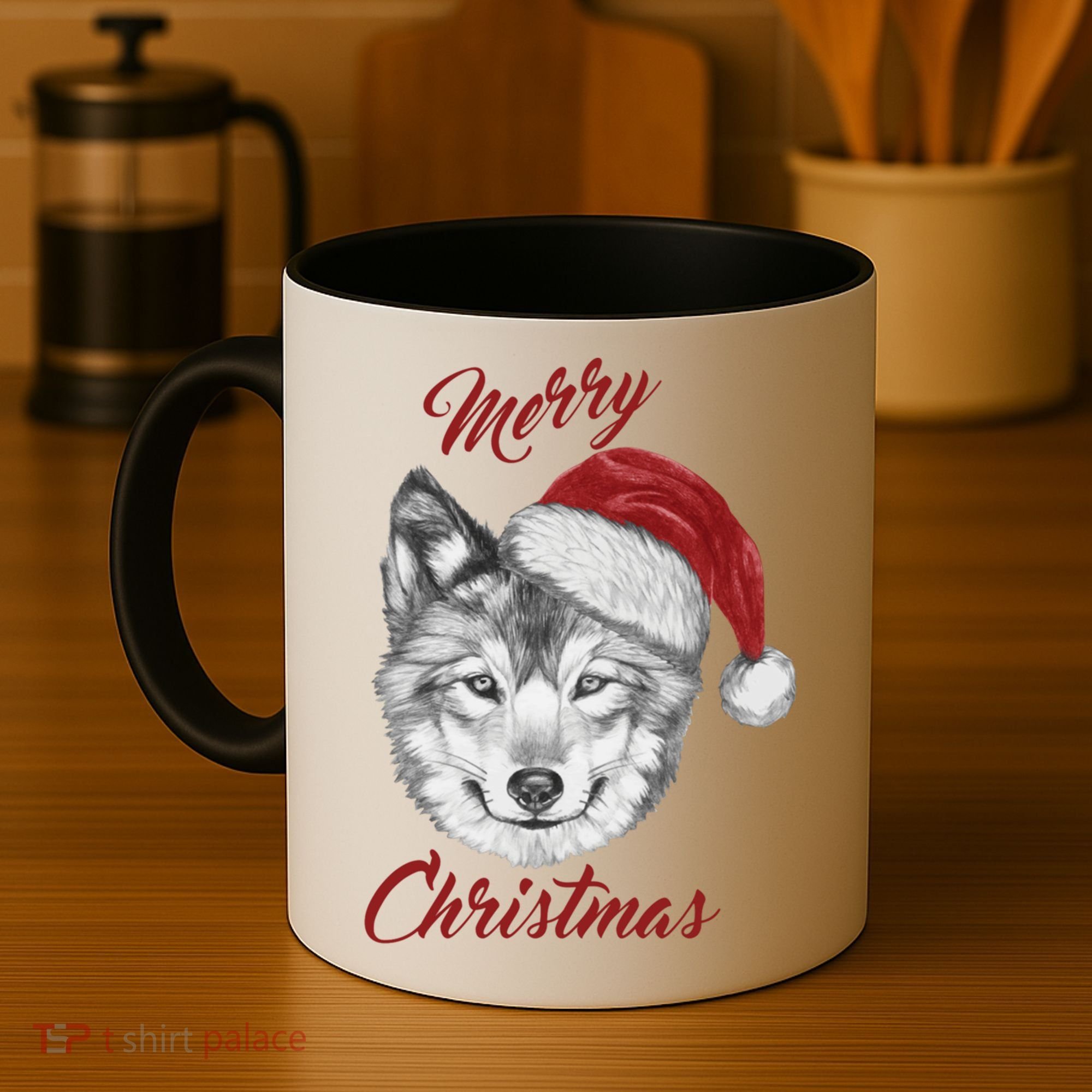 Merry Christmas Funny Wolf Face With Santa Hat Retro Xmas Gift Coffee Mug