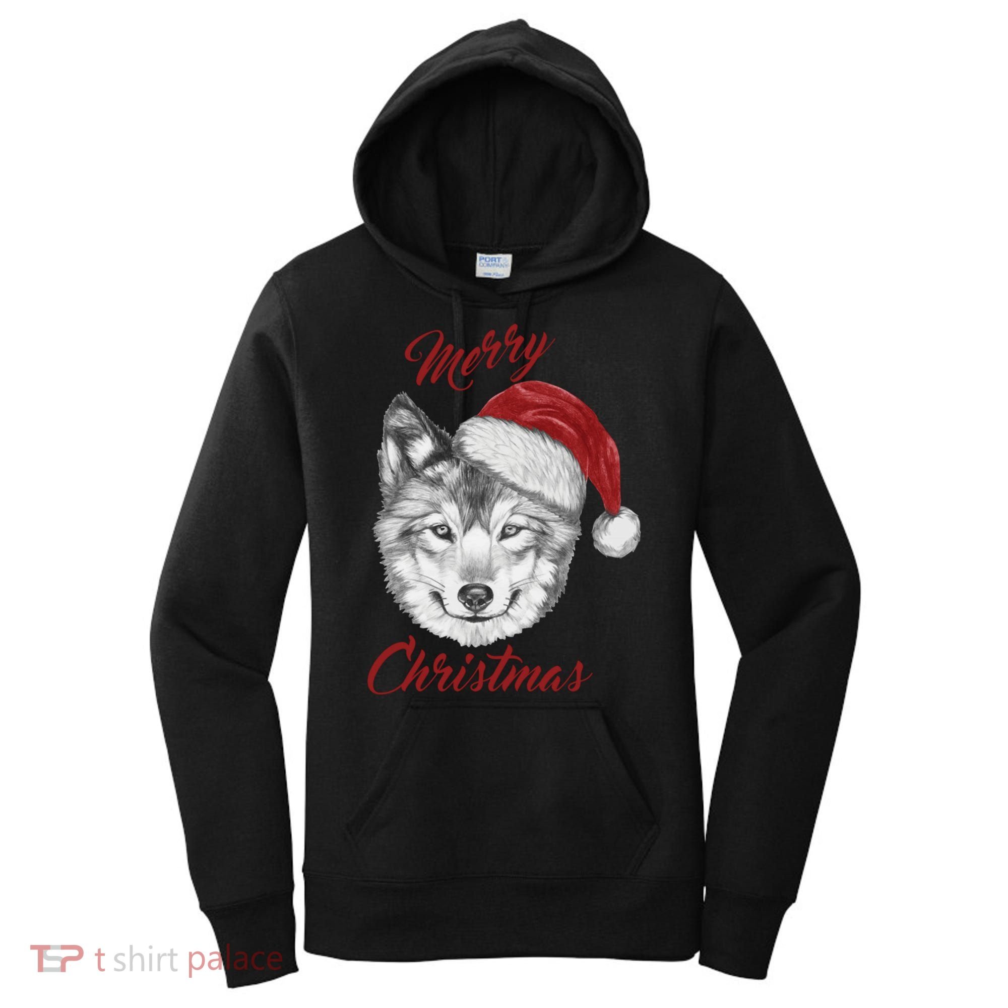 Merry Christmas Funny Wolf Face With Santa Hat Retro Xmas Gift Women's Hoodie