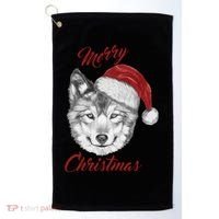 Merry Christmas Funny Wolf Face With Santa Hat Retro Xmas Gift Golf Towel thumb 0