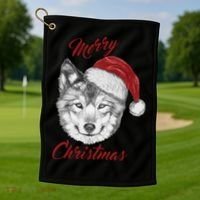 Merry Christmas Funny Wolf Face With Santa Hat Retro Xmas Gift Golf Towel thumb 1