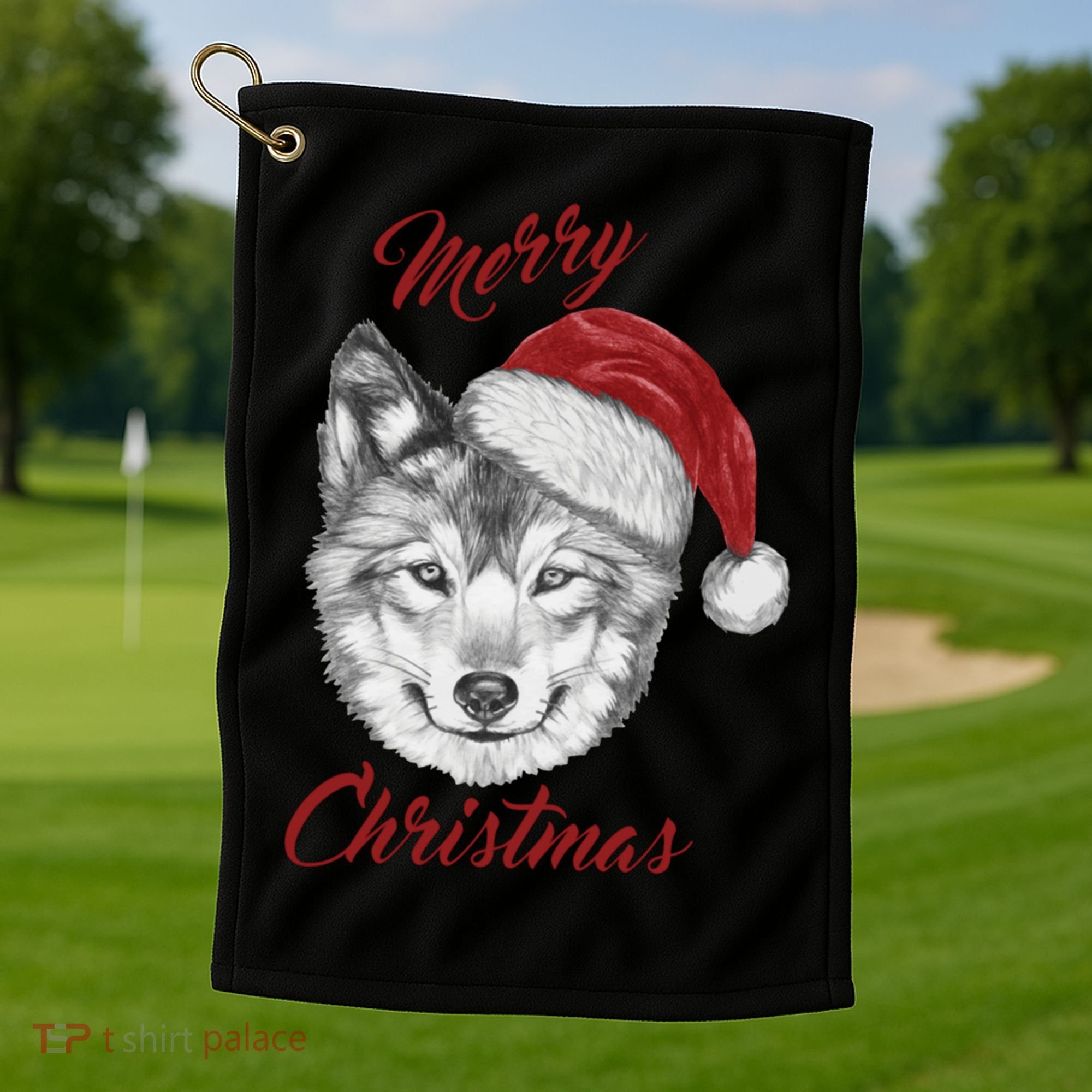 Merry Christmas Funny Wolf Face With Santa Hat Retro Xmas Gift Golf Towel