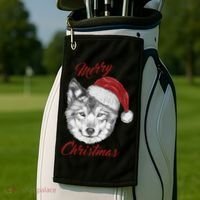 Merry Christmas Funny Wolf Face With Santa Hat Retro Xmas Gift Golf Towel thumb 2