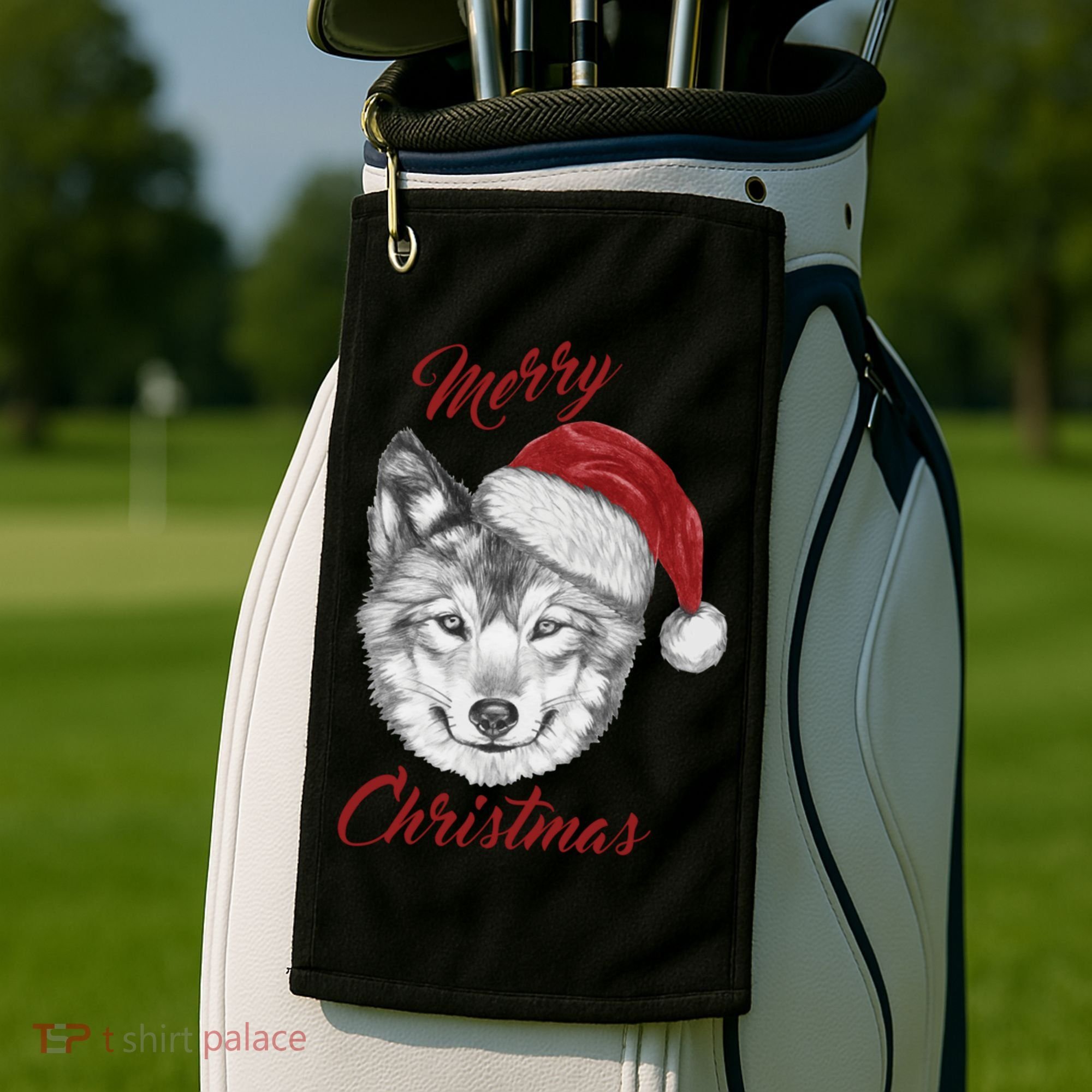 Merry Christmas Funny Wolf Face With Santa Hat Retro Xmas Gift Golf Towel