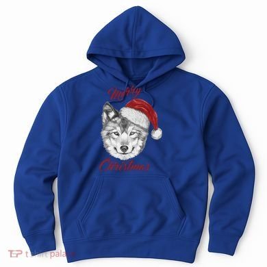 Merry Christmas Funny Wolf Face With Santa Hat Retro Xmas Gift Hoodie