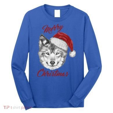 Merry Christmas Funny Wolf Face With Santa Hat Retro Xmas Gift Long Sleeve Shirt