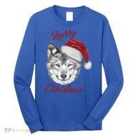 Merry Christmas Funny Wolf Face With Santa Hat Retro Xmas Gift Long Sleeve Shirt thumb 0