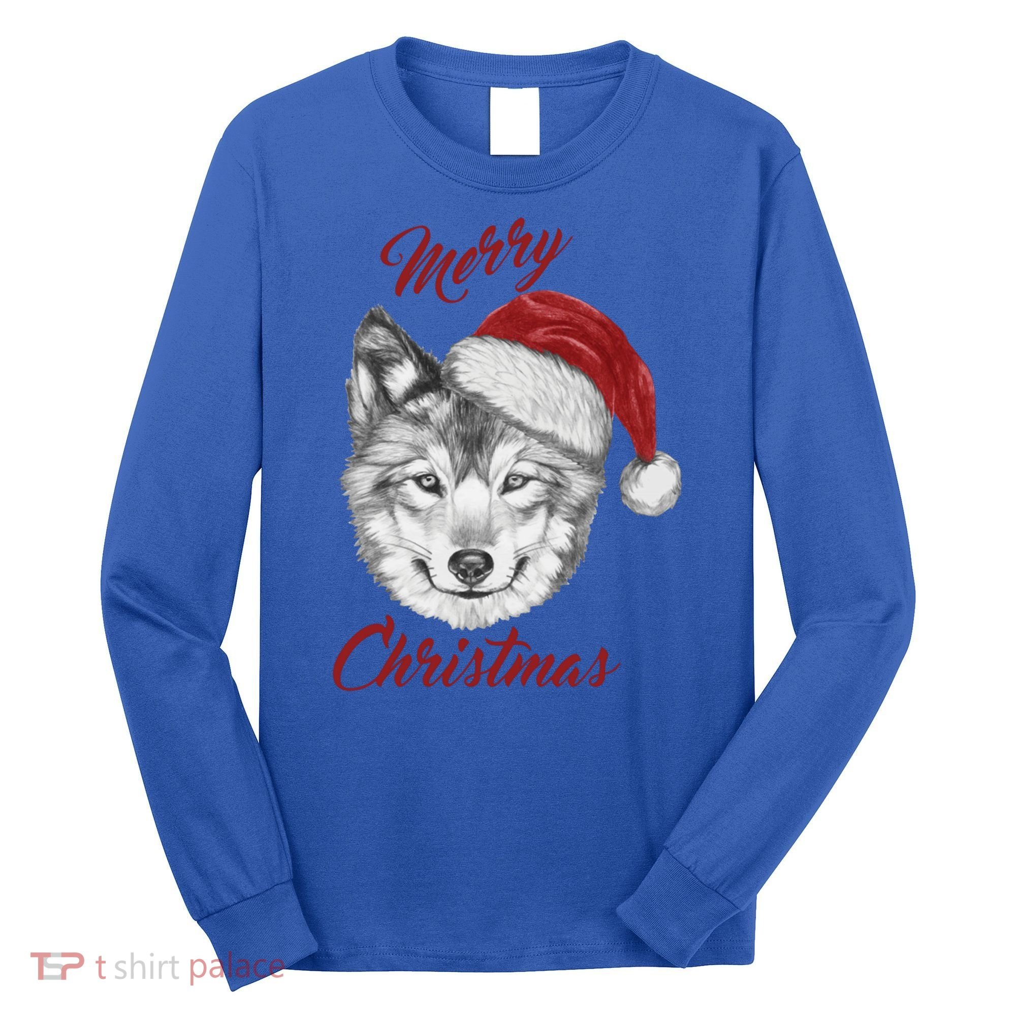 Merry Christmas Funny Wolf Face With Santa Hat Retro Xmas Gift Long Sleeve Shirt