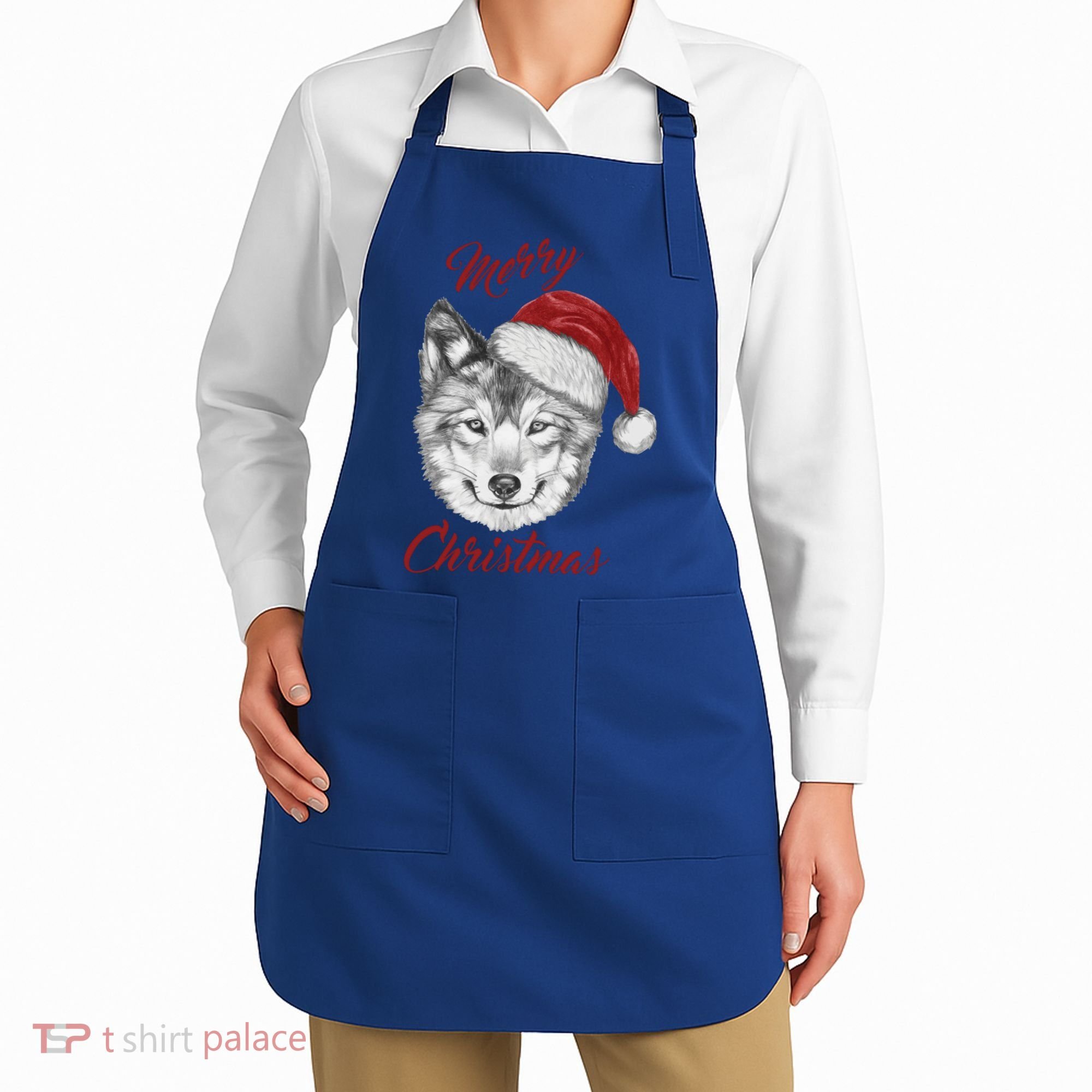 Merry Christmas Funny Wolf Face With Santa Hat Retro Xmas Gift Apron