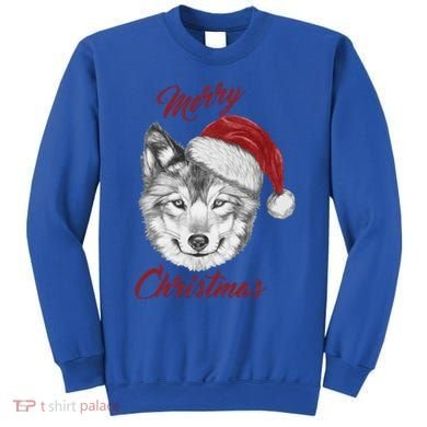 Merry Christmas Funny Wolf Face With Santa Hat Retro Xmas Gift Sweatshirt
