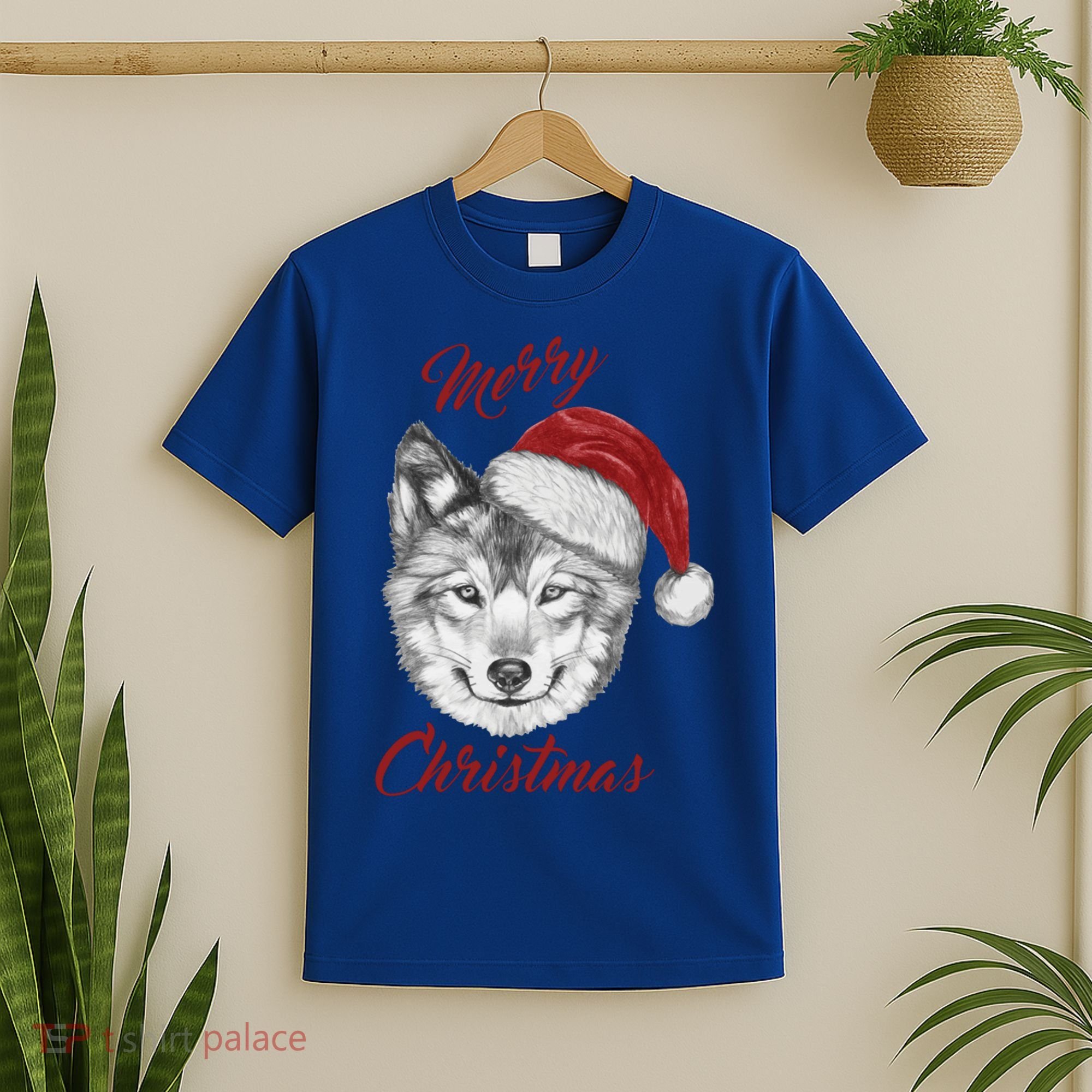 Merry Christmas Funny Wolf Face With Santa Hat Retro Xmas Gift T-Shirt