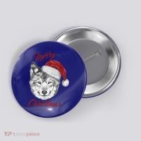 Merry Christmas Funny Wolf Face With Santa Hat Retro Xmas Gift Button thumb 0