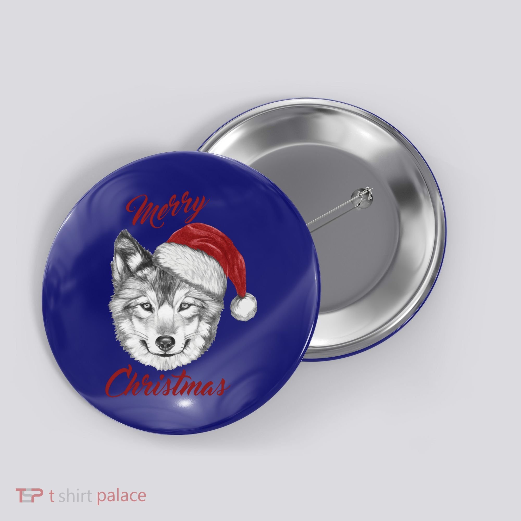 Merry Christmas Funny Wolf Face With Santa Hat Retro Xmas Gift Button