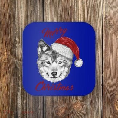 Merry Christmas Funny Wolf Face With Santa Hat Retro Xmas Gift Coaster