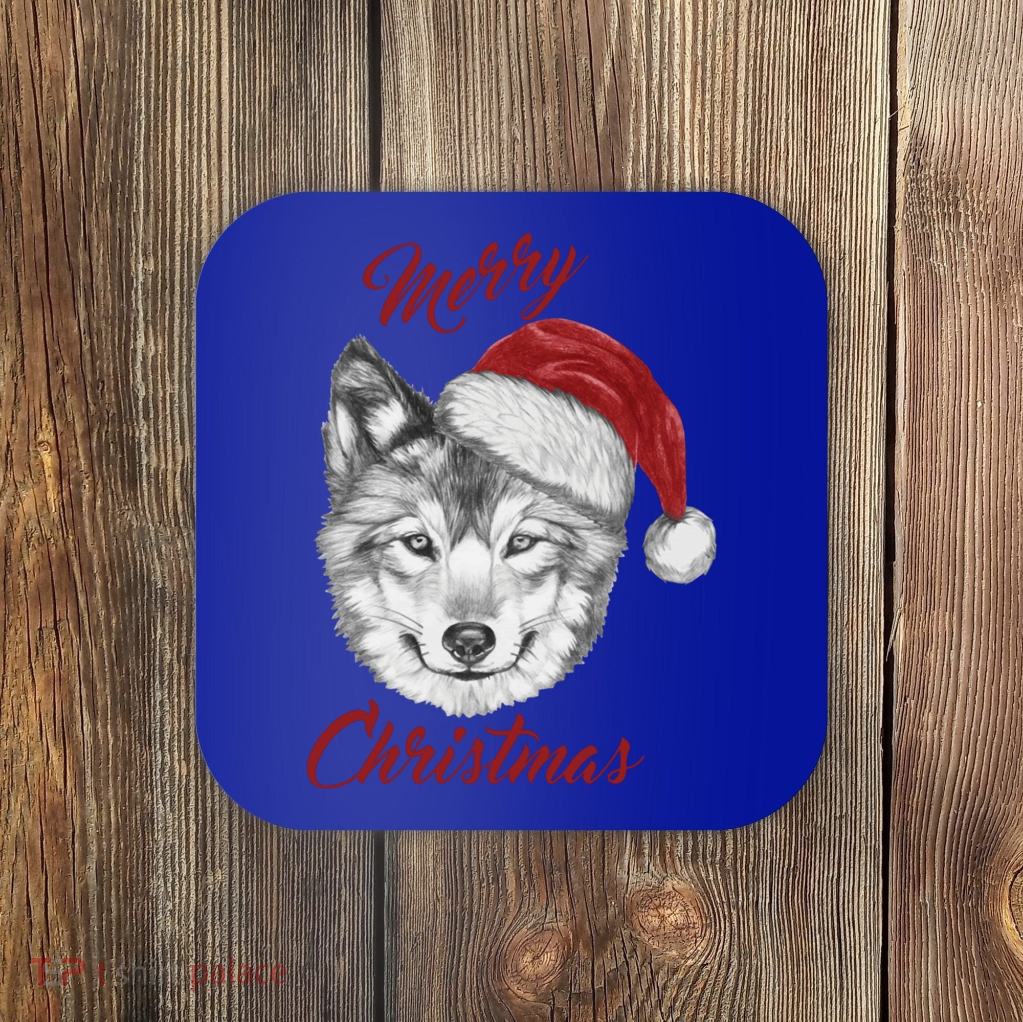 Merry Christmas Funny Wolf Face With Santa Hat Retro Xmas Gift Coaster