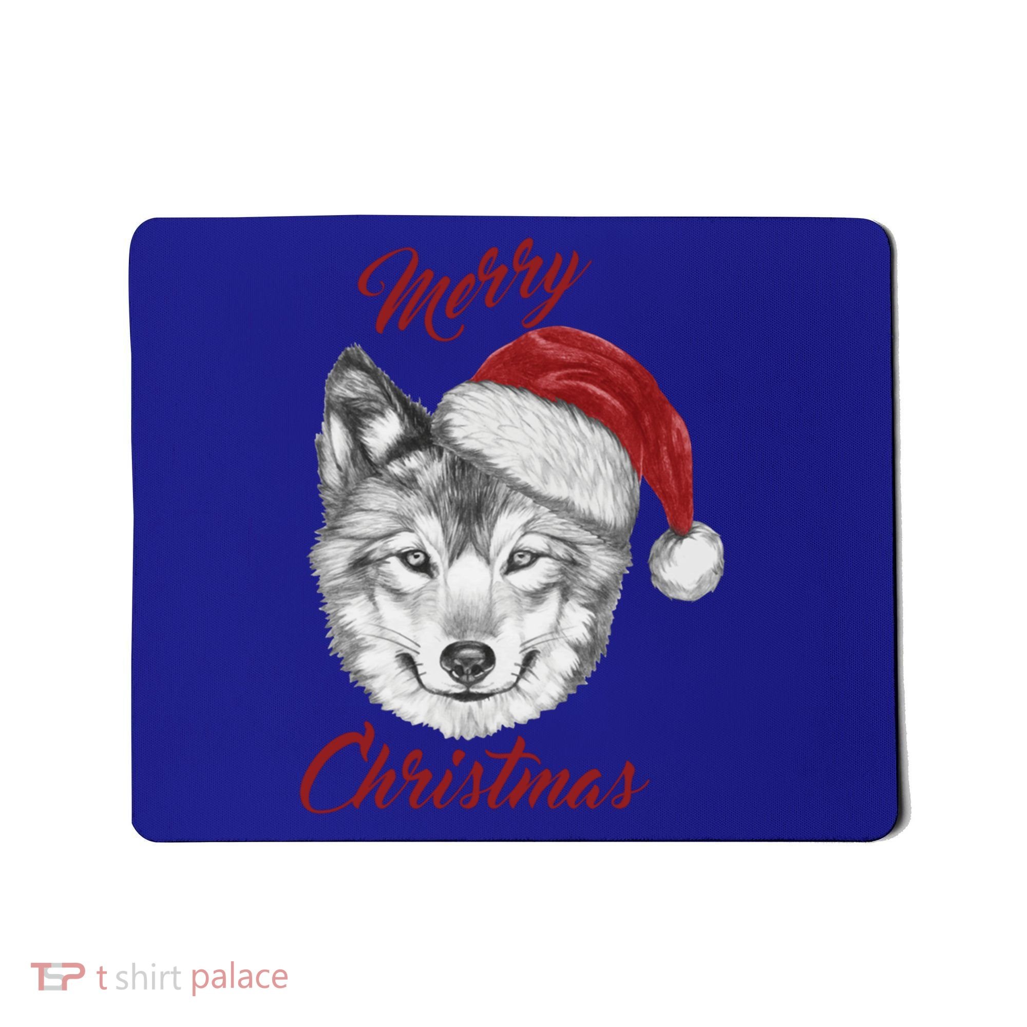 Merry Christmas Funny Wolf Face With Santa Hat Retro Xmas Gift Mousepad