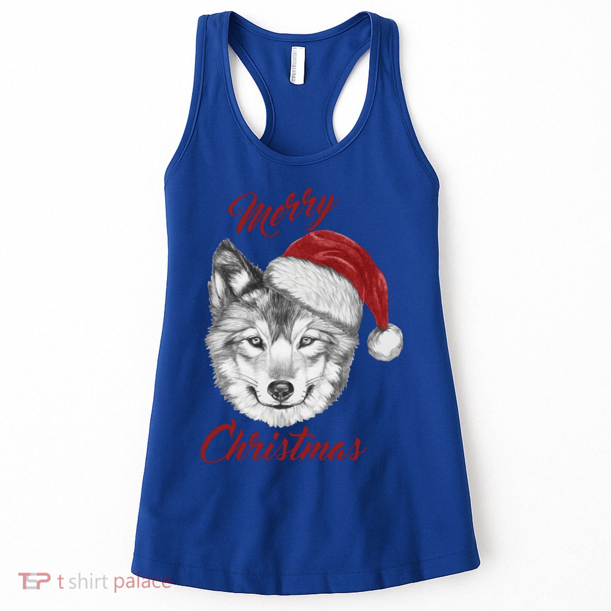Merry Christmas Funny Wolf Face With Santa Hat Retro Xmas Gift Women's Tank Top