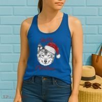 Merry Christmas Funny Wolf Face With Santa Hat Retro Xmas Gift Women's Tank Top thumb 2