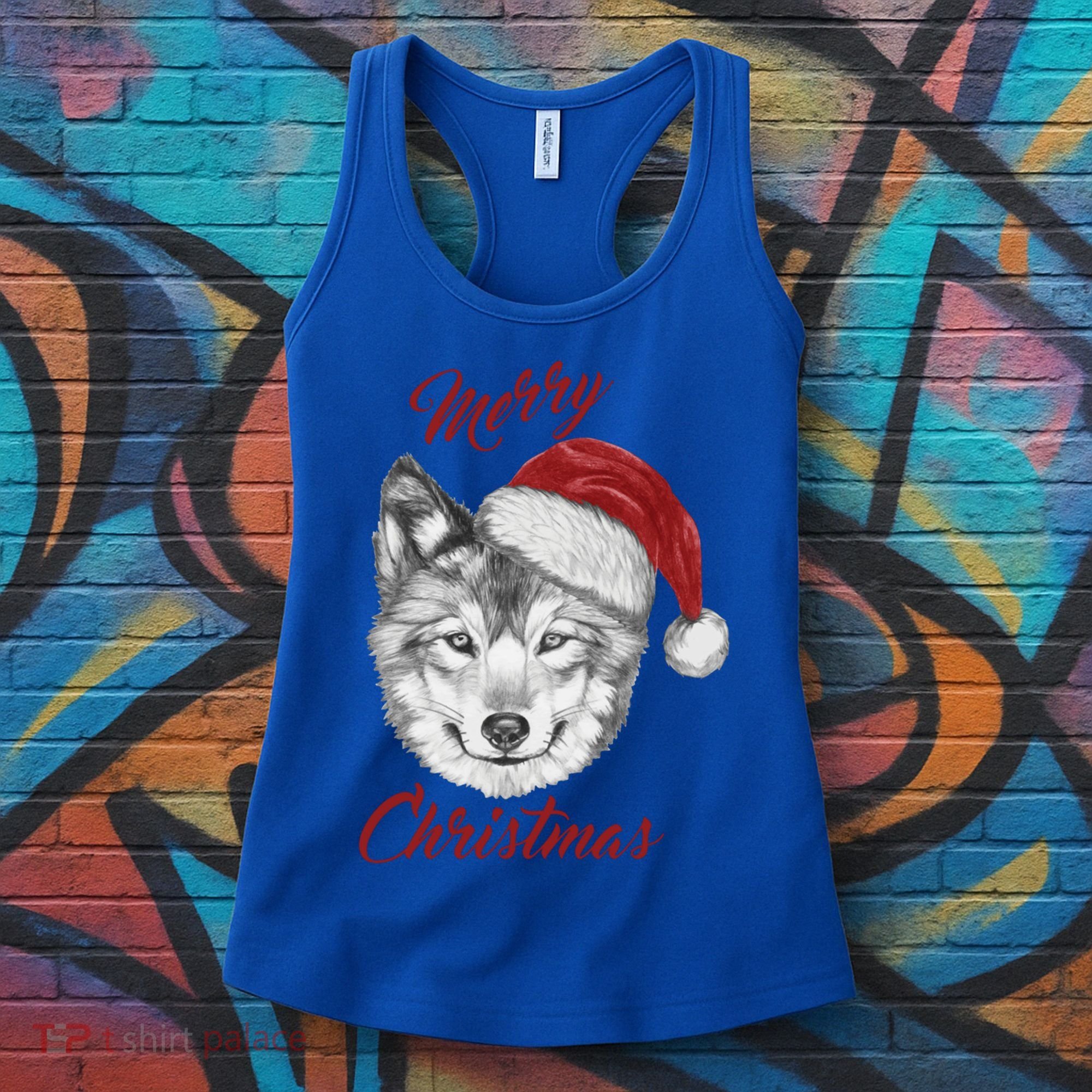 Merry Christmas Funny Wolf Face With Santa Hat Retro Xmas Gift Women's Tank Top