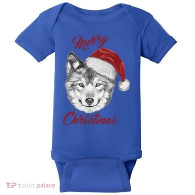 Merry Christmas Funny Wolf Face With Santa Hat Retro Xmas Gift Baby Bodysuit