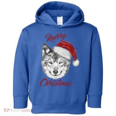 Merry Christmas Funny Wolf Face With Santa Hat Retro Xmas Gift Toddler Hoodie