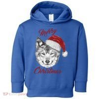 Merry Christmas Funny Wolf Face With Santa Hat Retro Xmas Gift Toddler Hoodie thumb 0