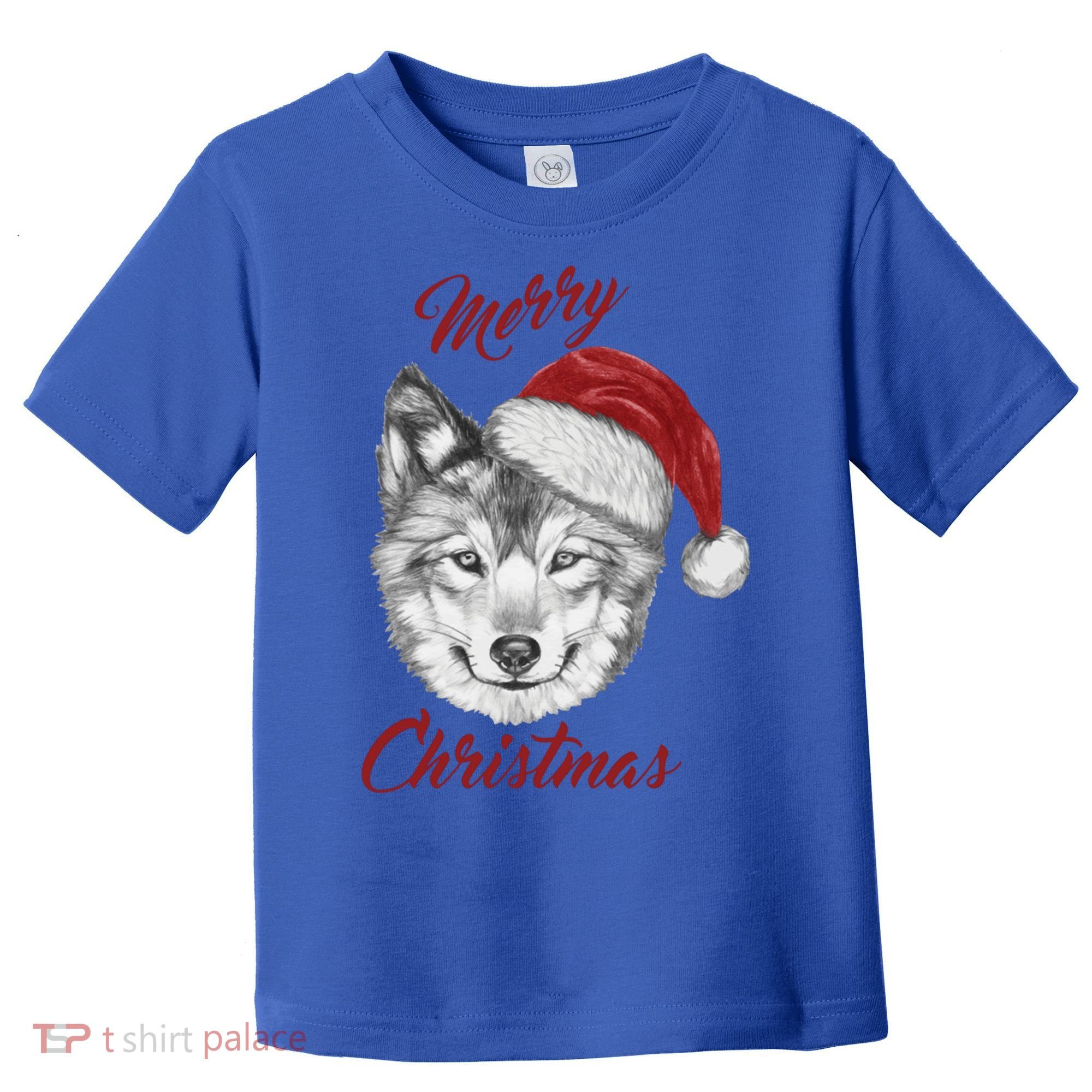 Merry Christmas Funny Wolf Face With Santa Hat Retro Xmas Gift Toddler T-Shirt