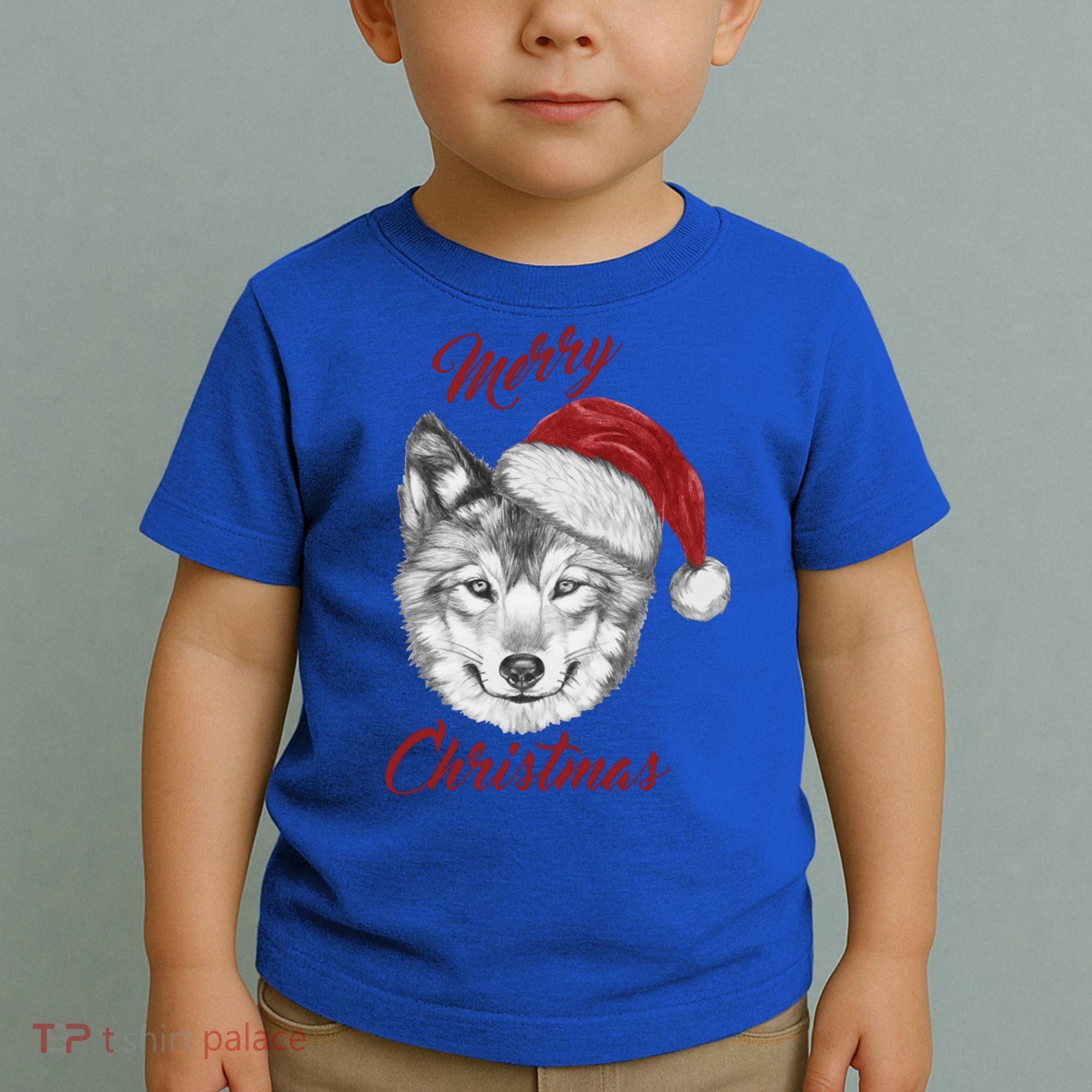 Merry Christmas Funny Wolf Face With Santa Hat Retro Xmas Gift Toddler T-Shirt