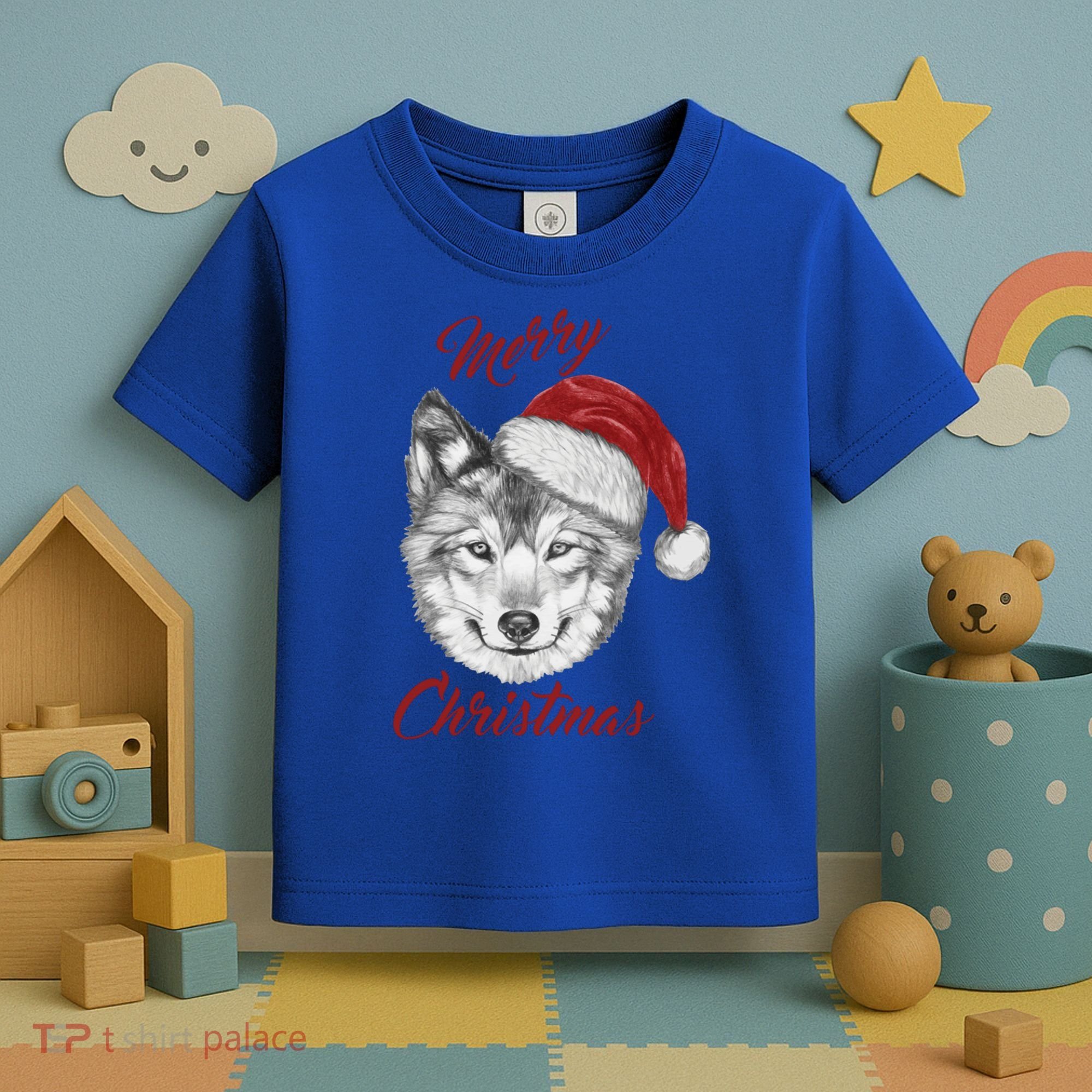 Merry Christmas Funny Wolf Face With Santa Hat Retro Xmas Gift Toddler T-Shirt