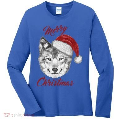 Merry Christmas Funny Wolf Face With Santa Hat Retro Xmas Gift Women's Long Sleeve Shirt