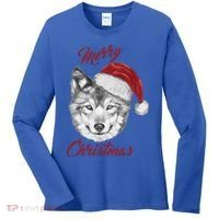 Merry Christmas Funny Wolf Face With Santa Hat Retro Xmas Gift Women's Long Sleeve Shirt thumb 0