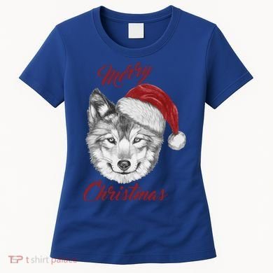 Merry Christmas Funny Wolf Face With Santa Hat Retro Xmas Gift Women's T-Shirt