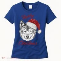 Merry Christmas Funny Wolf Face With Santa Hat Retro Xmas Gift Women's T-Shirt thumb 0