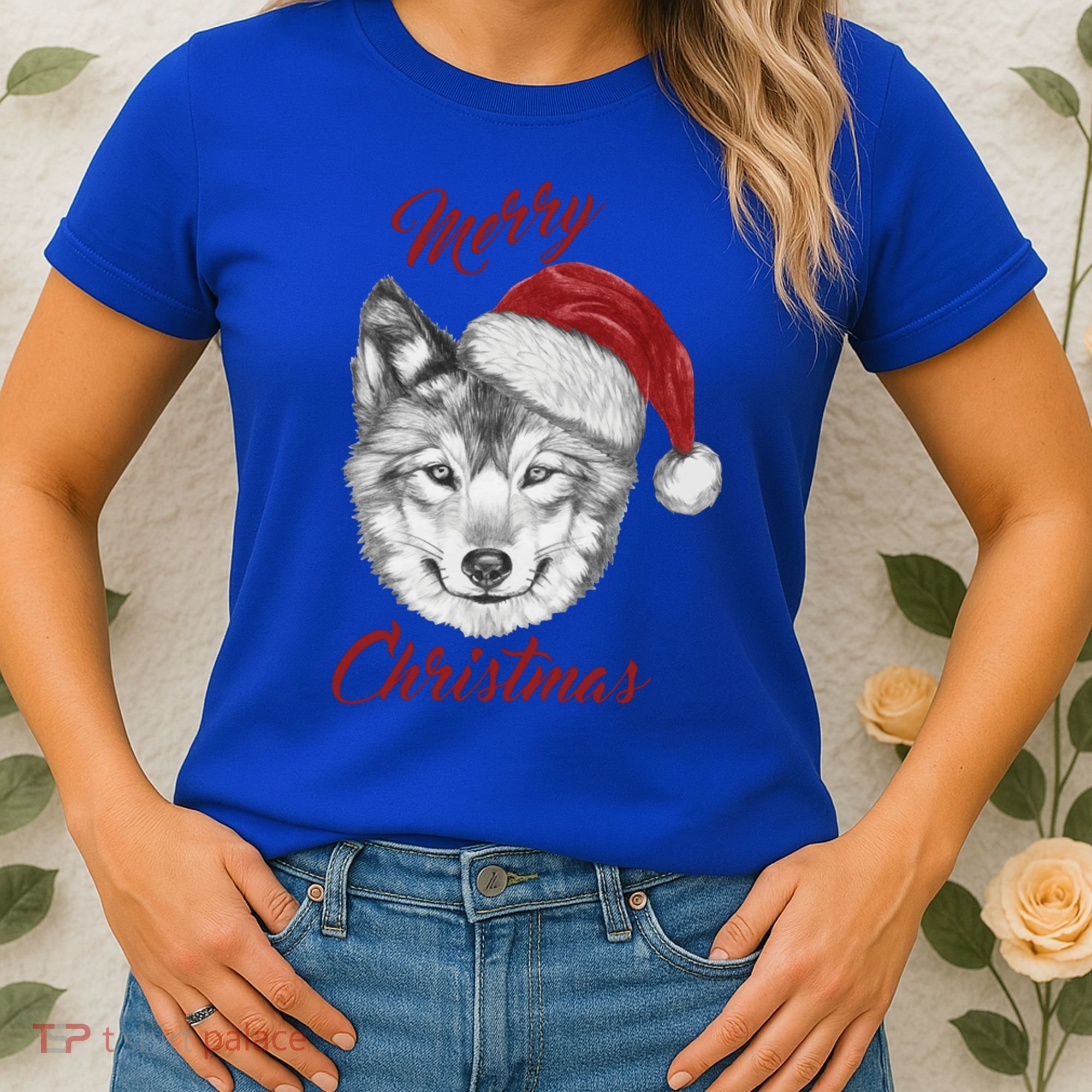 Merry Christmas Funny Wolf Face With Santa Hat Retro Xmas Gift Women's T-Shirt