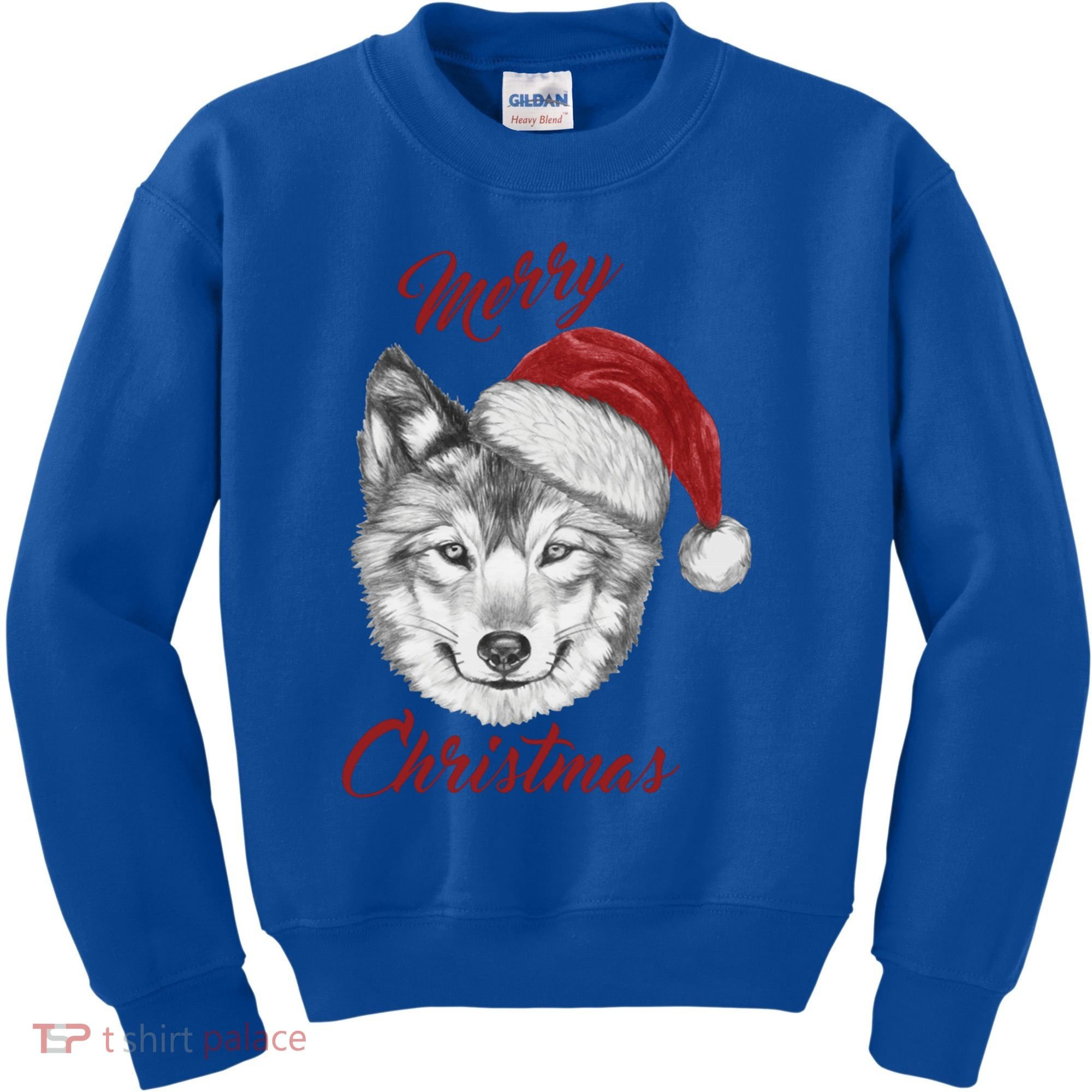 Merry Christmas Funny Wolf Face With Santa Hat Retro Xmas Gift Kids Sweatshirt